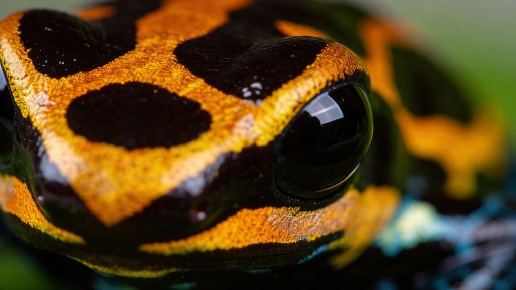 A small Corroboree frog with bold black and yellow-green bands, sitting on moss.